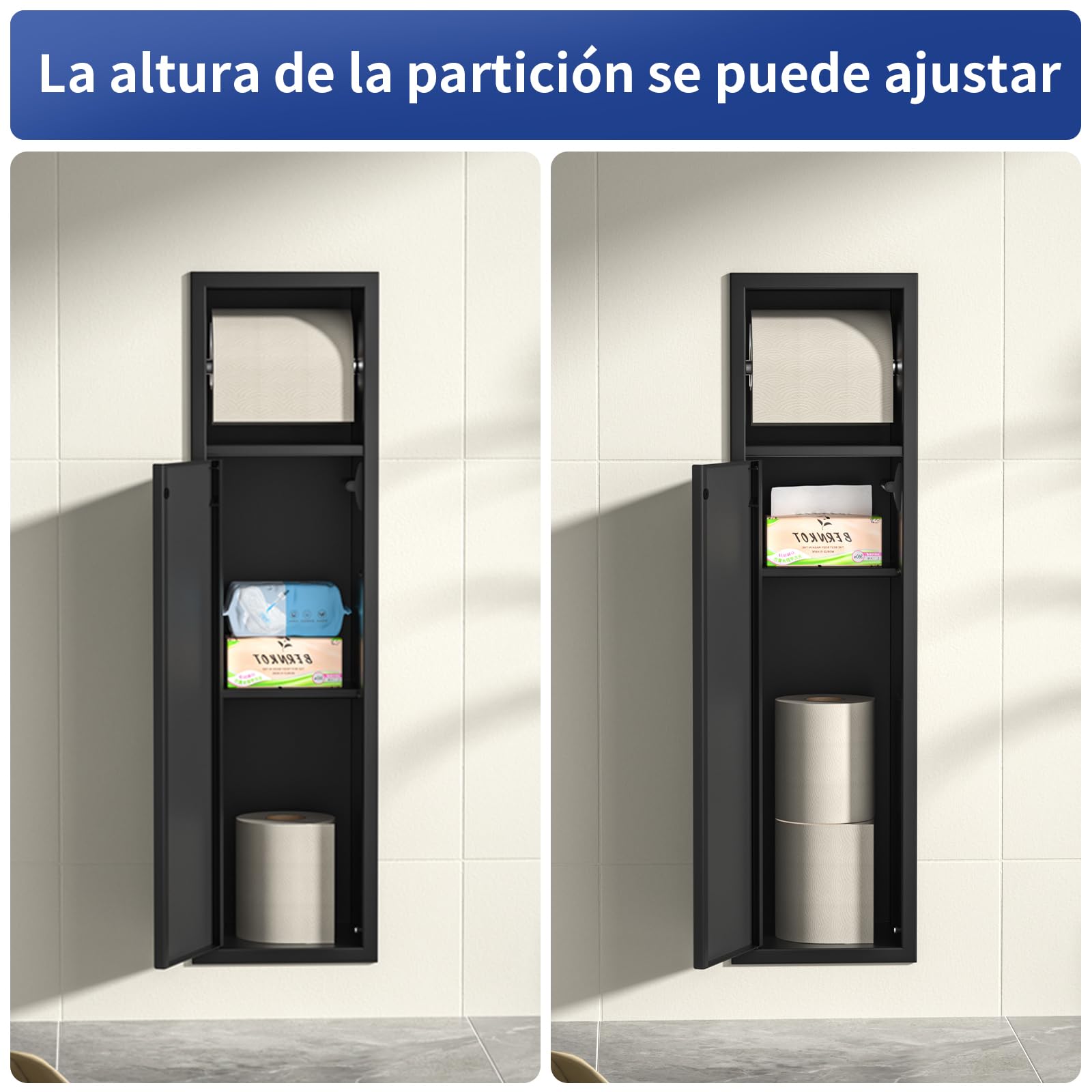 Portarrollos de papel higiénico empotrado, acero inoxidable, para el conjunto de escobillas, armario de baño con portarrollos de papel higiénico, con puertas de armario, 63 x 15 x 15 cm, negro