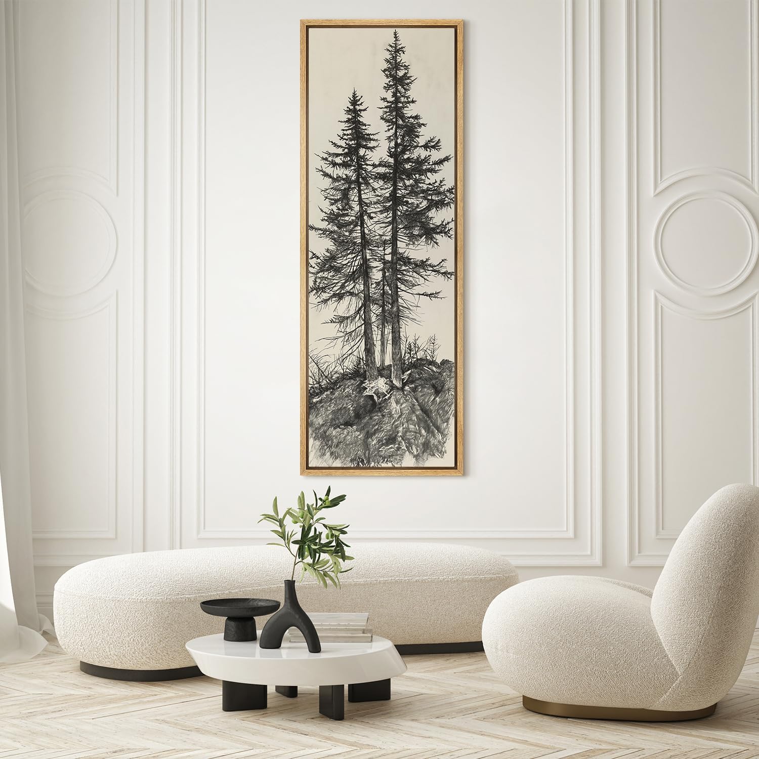 SIGNFORD Large Framed Canvas Twin Trees in Nature Illustration Illustrations Modern Art Calm Warm for Living Room, Bedroom, Office - 60"x20"