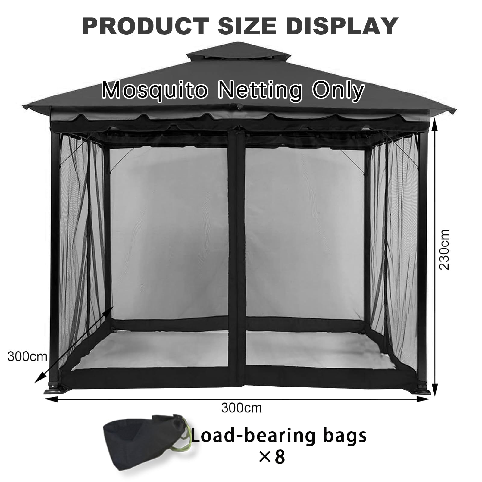 2025 Moskitonetz Outdoor,4-Teilige Sonnenschirm Mesh Moskitonetz Balkon mit Reißverschluss für Pavillon Balkon Wird mit Einer tragenden Tasche geliefert mit Gewichtsbeutel(schwarz, 300 cm x 300 cm)