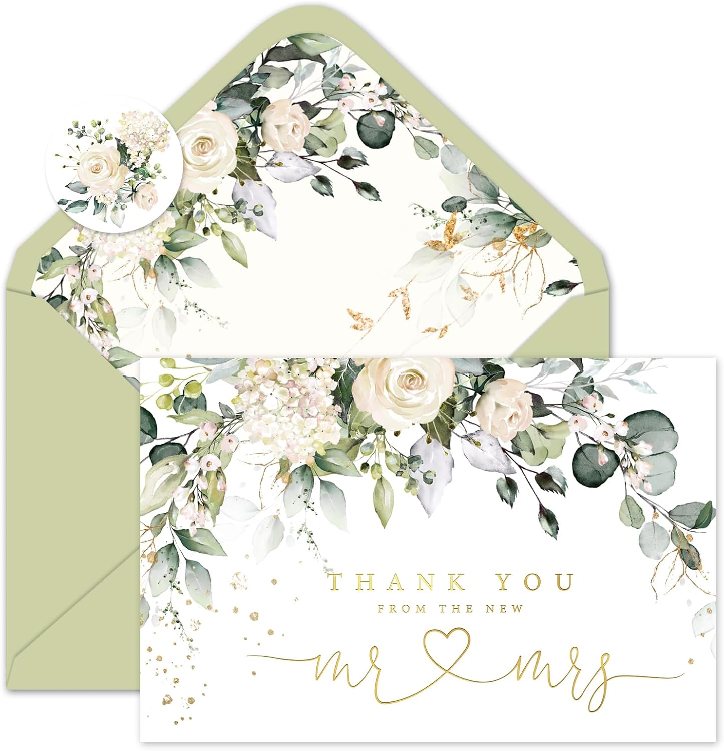 Whaline 50 Pack Floral Wedding Thank You Cards Flower with Eucalyptus Leaves Mr & Mrs Thank You Greeting Note Cards Boxed with Envelope Sticker for Bridal Shower