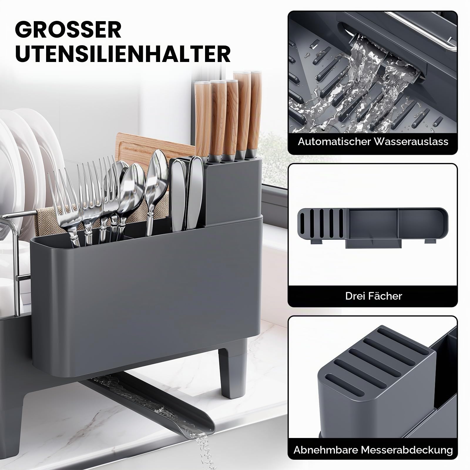 Urackify Abtropfgestell, Grau | Erweiterbar, Edelstahl mit Aluminiumrahmen, Platzsparender Dish Rack mit Utensilienhalter