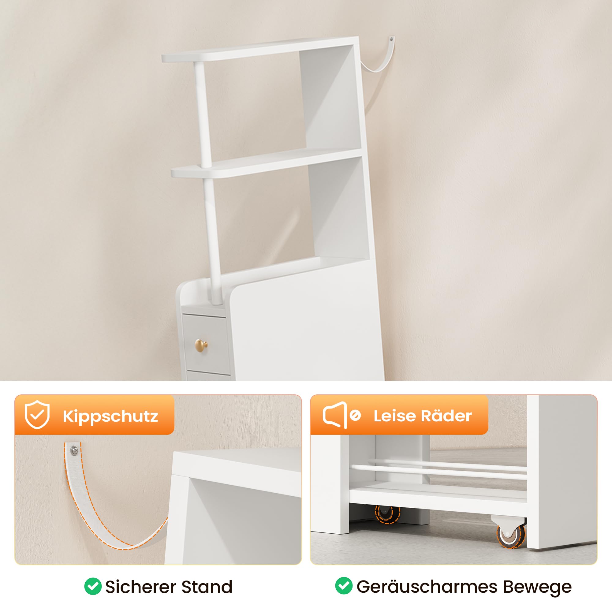 APICIZON Badschrank Schmal, Nischenschrank Badezimmer mit Schublade auf Rollen, 19x45x113 cm Badezimmerschrank mit Offenen Ablagen, Toilettenschrank für WC, Seitenschrank Mehrzweckschrank, Weiß