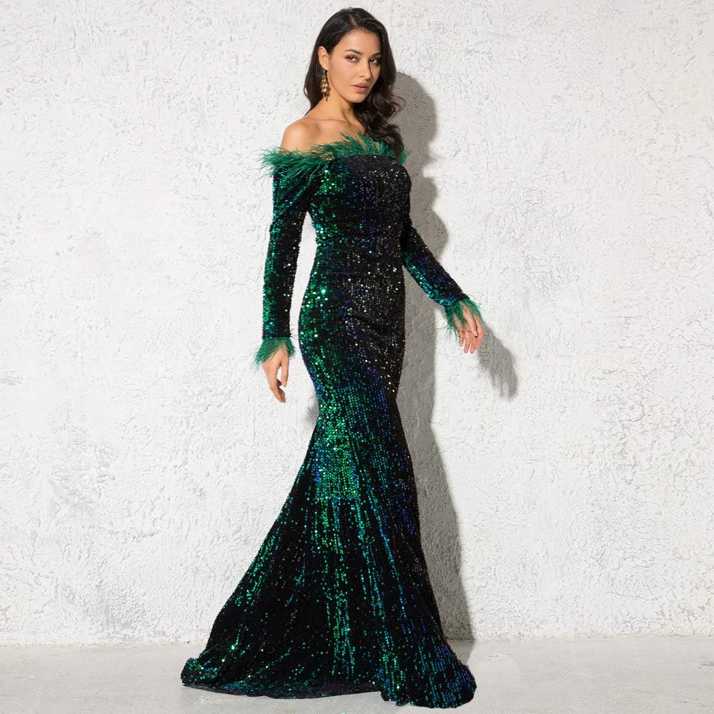 Romagic Off Shoulder Feather Long Sleeve Sparkle Sequin Floor Length Evening Party Dress - Image 2