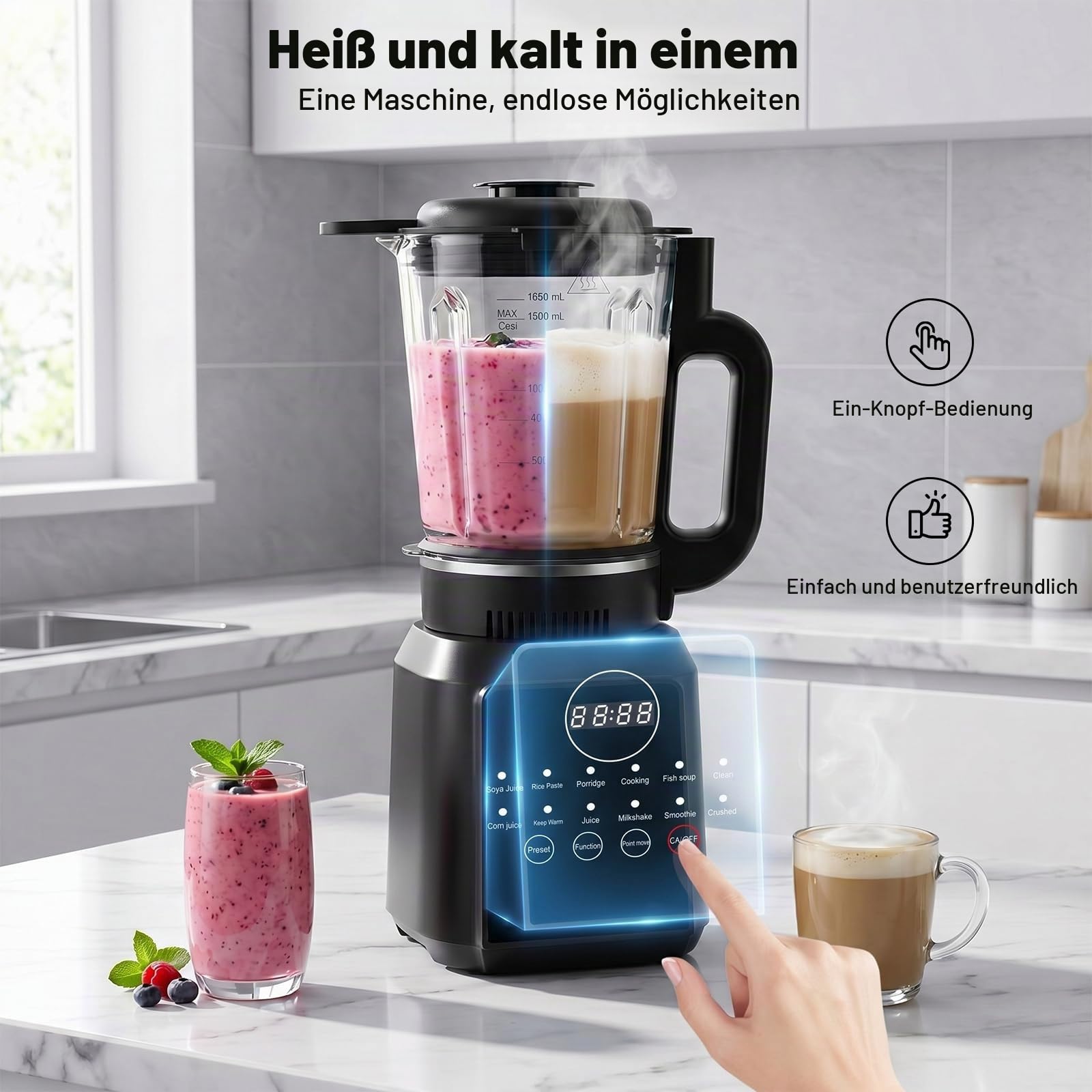Suppenmixer 1,7L mit Heizfunktion, Glasbehälter und 14 Klingen | Heiß- und Kaltmixer mit 12 Programmen, Timer, Warmhalten und Selbstreinigung für Suppen, Smoothies und mehr