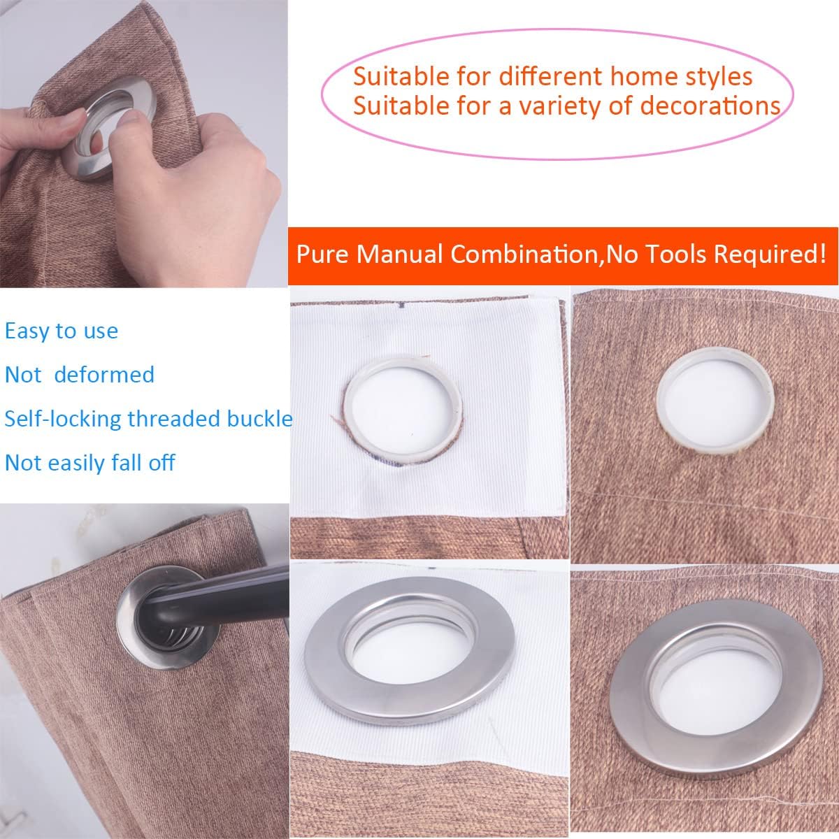 20 Pack Stainless Steel Curtain Grommets, 2 in 1 Metal Curtain Ring Eyelets Metal Grommet ABS Plastic Curtain Eyelet Clips,1.65" 42mm Inner Diameter for Window Drapery Tape (20-Pack Silver)