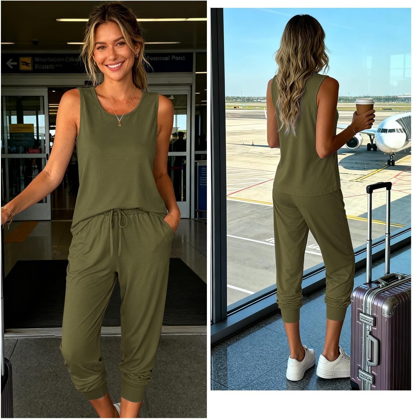 Womens Two Piece Lounge Sets 2026 Summer Sleeveless Outfits Crewneck Tank Tops Joggers Pants Travel Loungewear - Image 3