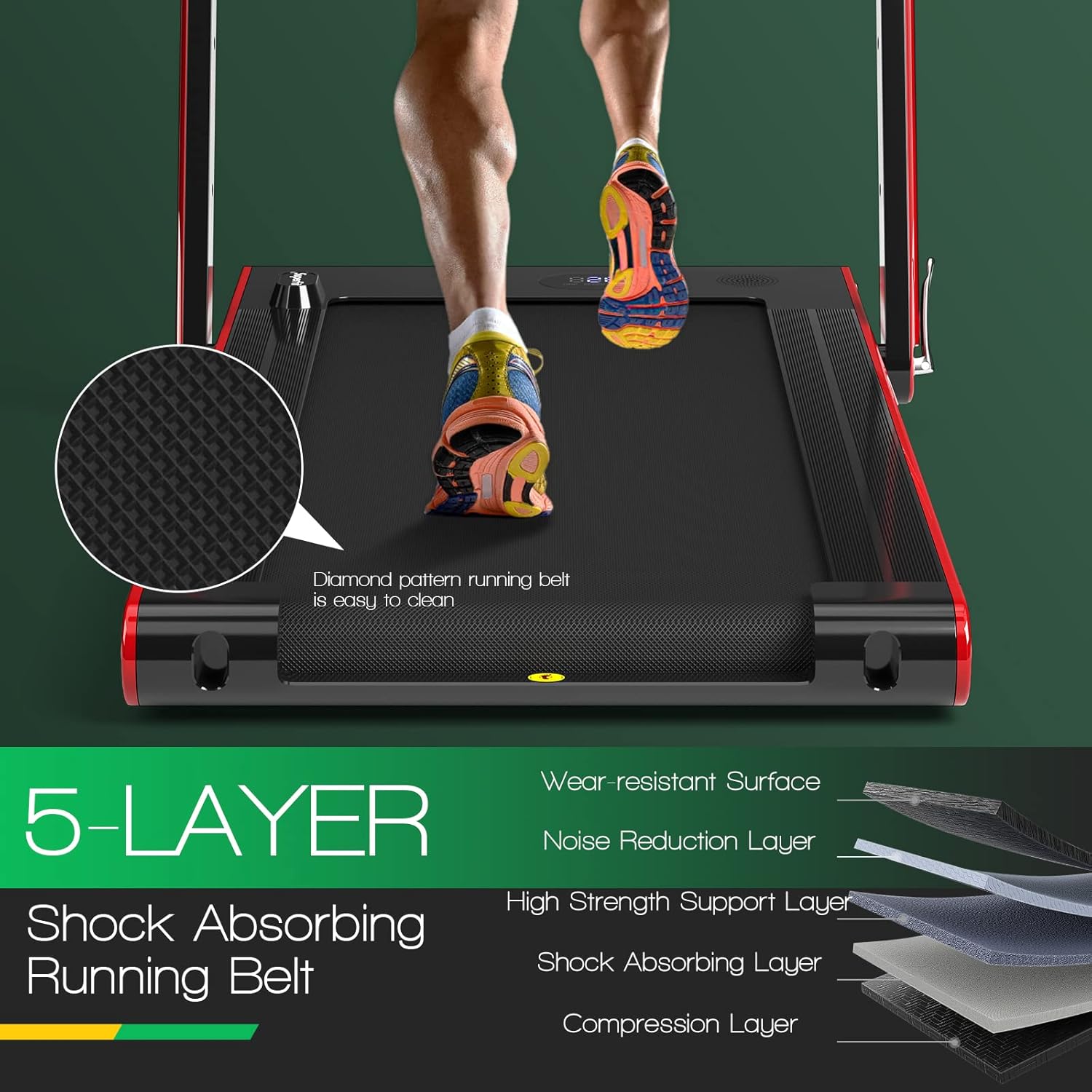 GYMAX 2 in 1 Under Desk Treadmill, Folding Running Machine with Dual LED Display, APP & Remote Control, Walking Pad Jogging Machine for Home Gym Small Space (Red)