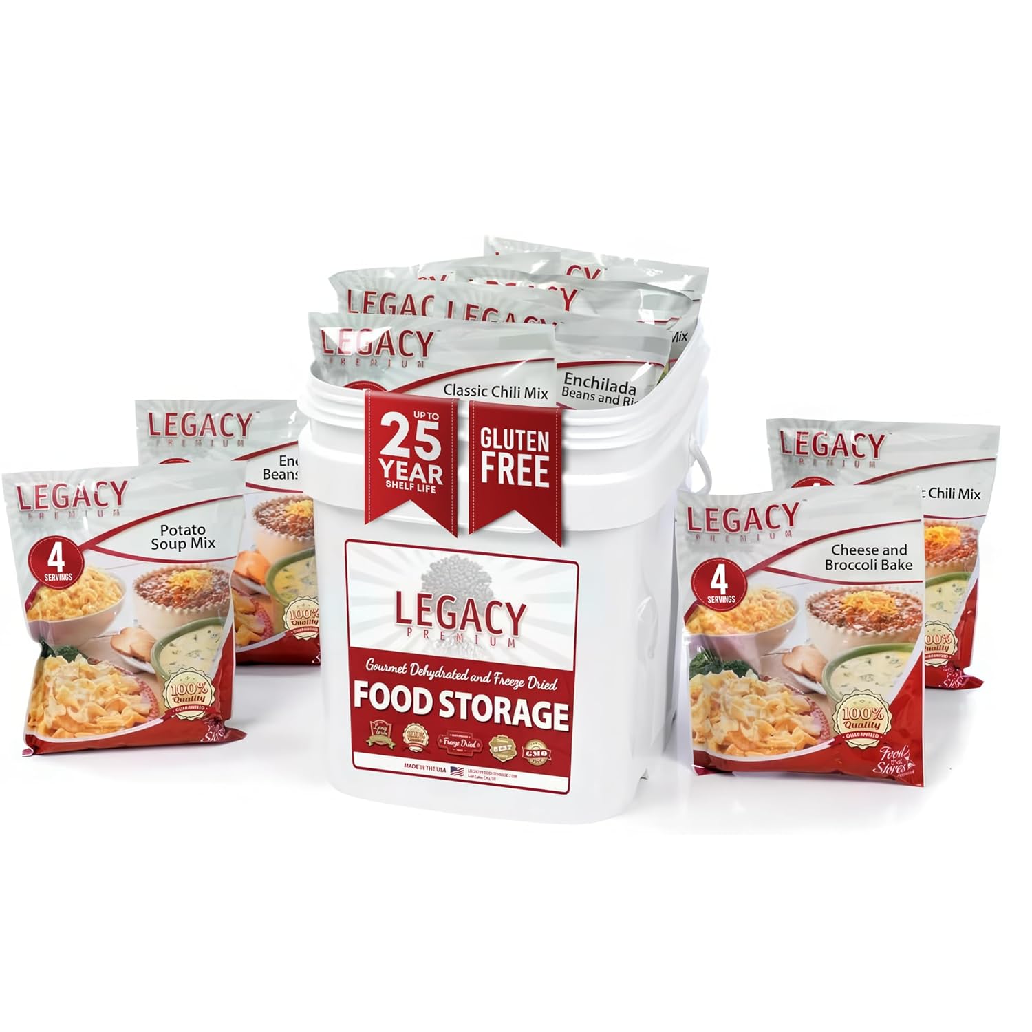 Legacy Food Storage Gluten Free 60 Serving Bucket, Emergency Food Supply, 22,760 Total Calories, 60 Large Servings, Shelf Stable Lunch & Dinner Entrees, Freeze Dried Survival Meals for MRE Camping, Hiking, & Backpacking