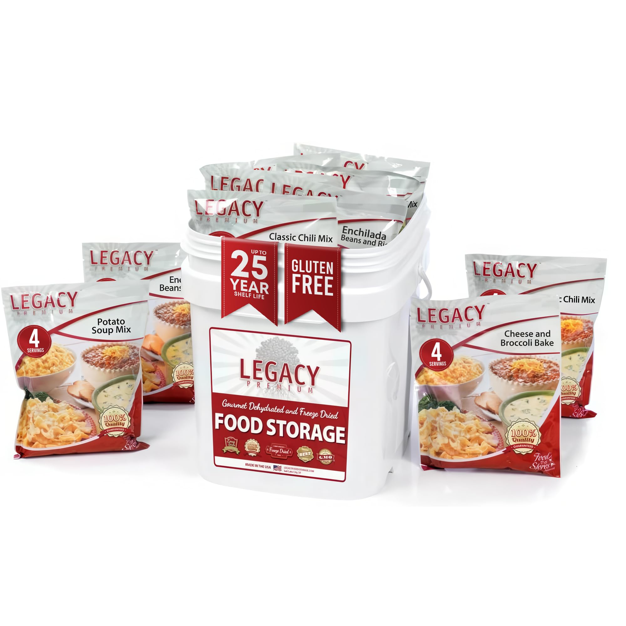 Legacy Food Storage Gluten Free 60 Serving Bucket, Emergency Food Supply, 22,760 Total Calories, 60 Large Servings, Shelf Stable Lunch & Dinner Entrees, Freeze Dried Survival Meals for MRE Camping, Hiking, & Backpacking