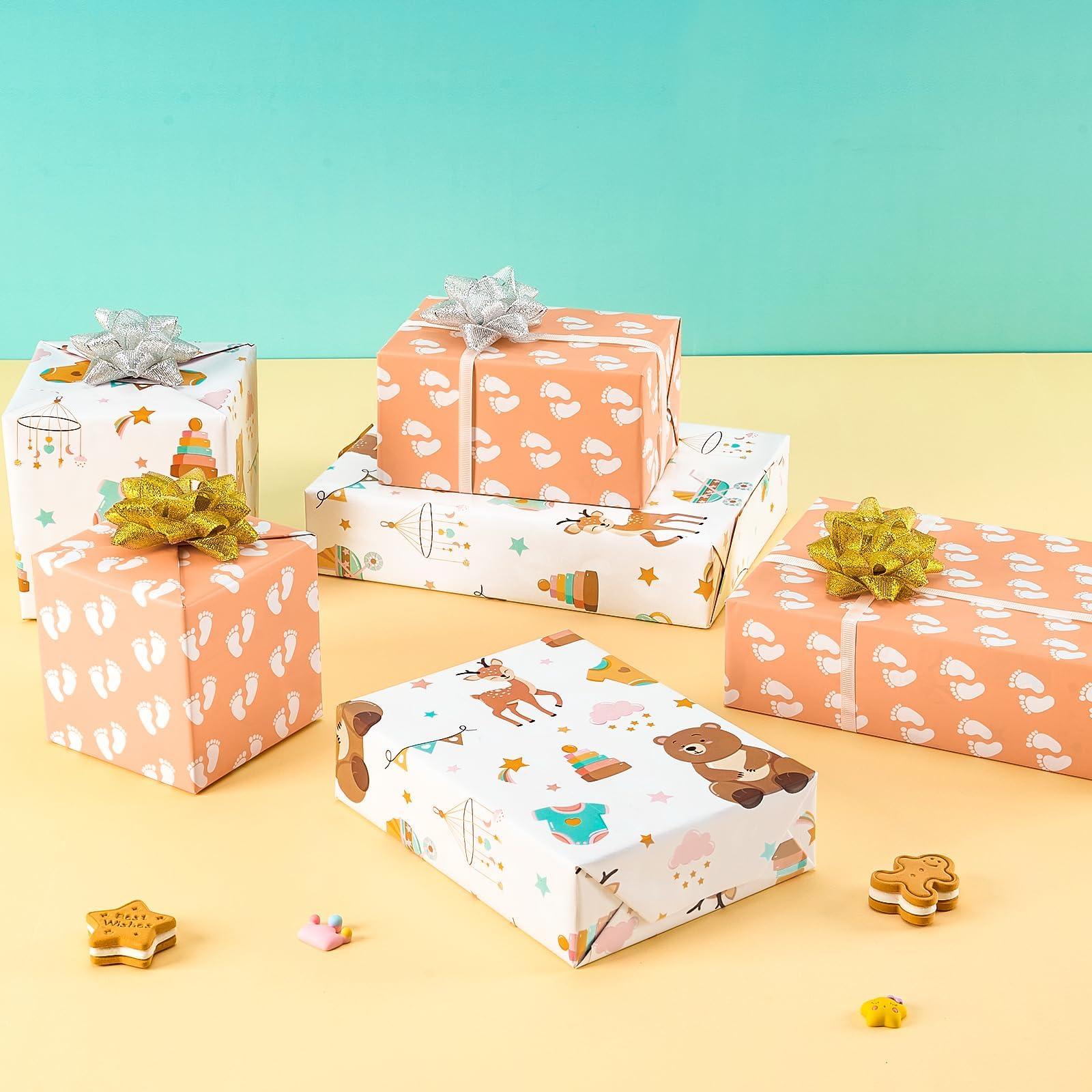 WERNNSAI Baby Reversible Wrapping Paper Roll - 1 Roll 17”x 33 ft Happy Birthday Wrapping Paper Roll Kids Baby Shower Birthday Gift Wrap Roll Girls Wrapping Paper Footprint Design Bday Party Favor