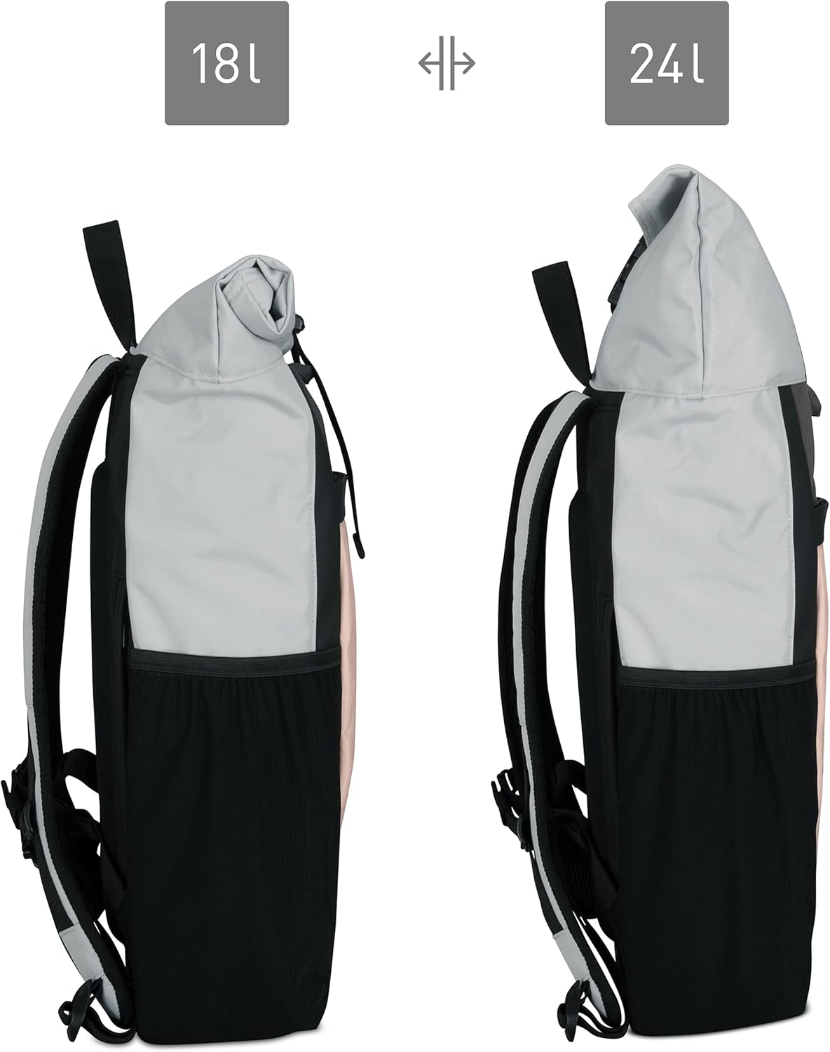 One-Day Sale: Up to 50% Off Roll Top Backpack Womens & Mens Grey/Pink - LARK STREET No2 Daypack Made from Recycled PET Bottles - Rucksack for Leisure, College & School - Girls Bookbag Waterproof Bag 15.6 Inch Laptop Compartment