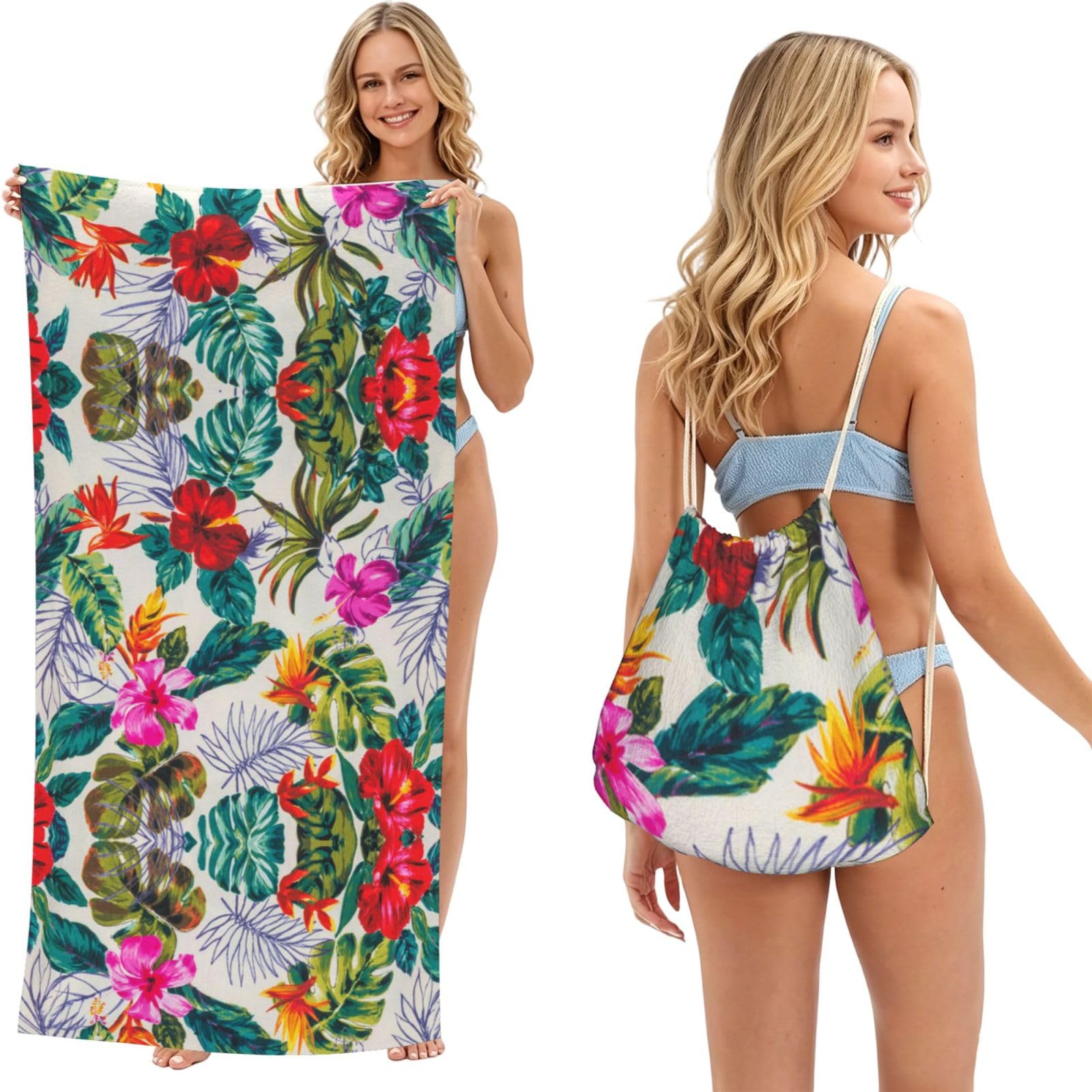 SATUSA Flowers And Leaves Print 2-In-1 Foldable Beach Towel Backpack â€“ Camping, Yoga And Travel,Bath Towel With Built-In Storage, Convertible Beach Mat & Carry Bag