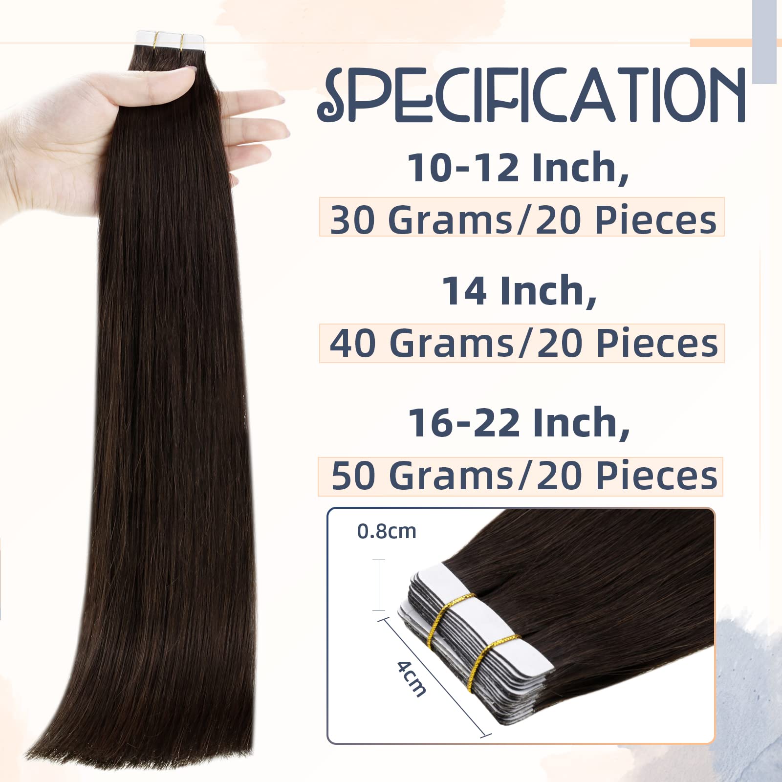 RUNATURE Tape in Hair Extensions Human Hair Brown Invisible Tape in Extensions Remy Human Add Volume for Women 12 Inch 30g #2 - Image 4