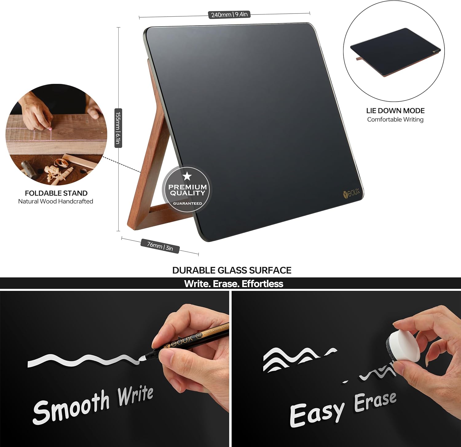 Black Glass Desk Whiteboard with Reversible Wood Stand, Small Portable Desktop Dry Erase White Board, Reusable Desk Notepad Easel 6.7"x9.5" for Office, Home, Kitchen, Marker&Eraser Included, Yeoux
