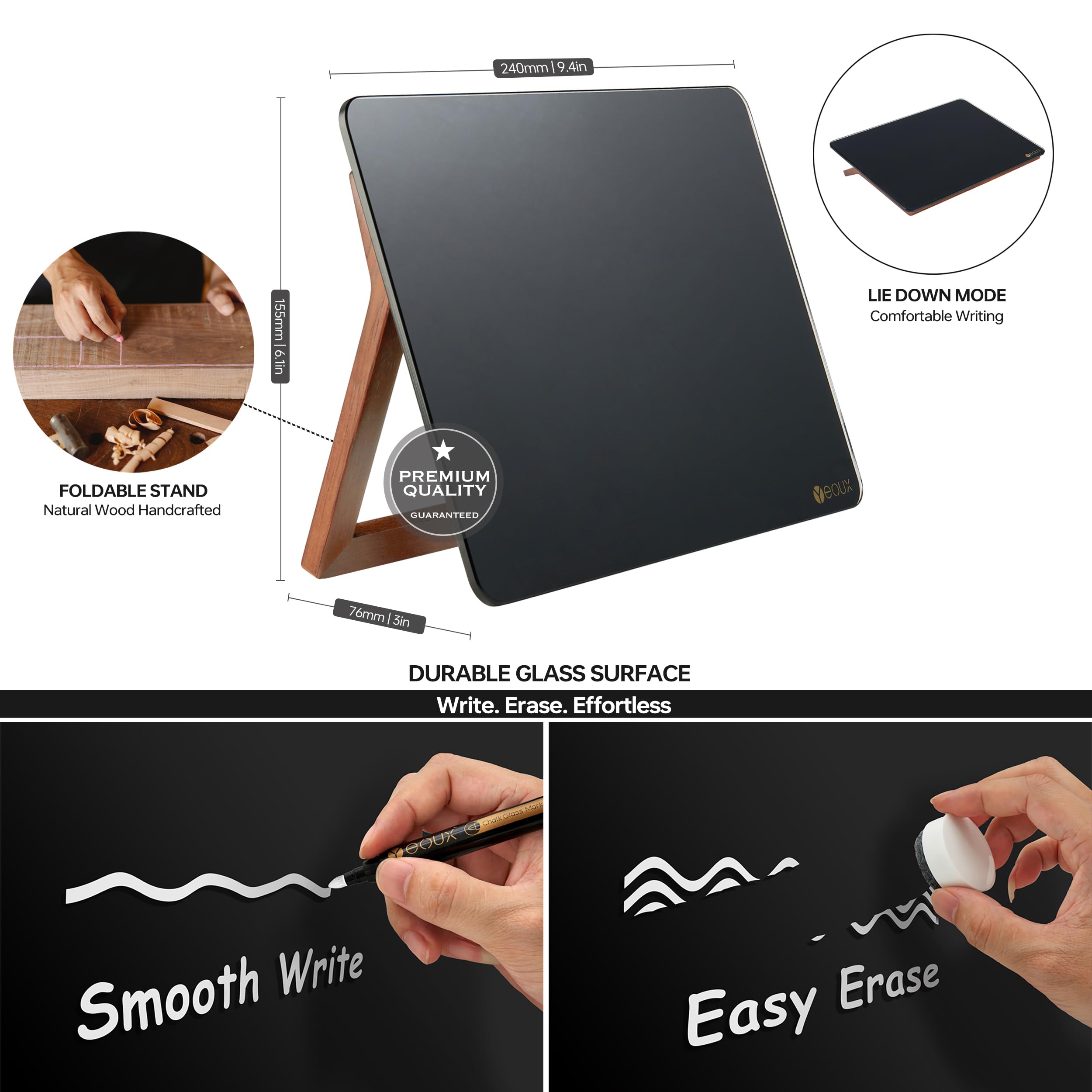 Yeoux Pizarra de borrado en seco de cristal negro con soporte de madera reversible de 6.7 x 9.5 pulgadas | Construido con madera de nogal maciza y vidrio templado, pizarra blanca pequeña para escritorio, hogar, oficina y escuela