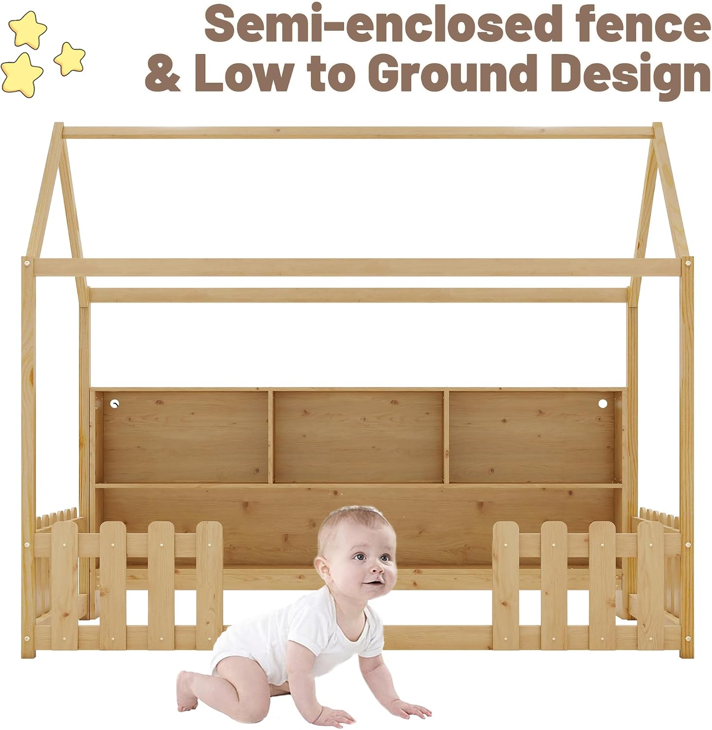 Mirightone Twin Size House Bed for Kids with LED Light and Fence Guardrails,Wood Montessori Floor Bed Frame with Storage Bookshelf, Farmhouse Bed Frame for Girls Boys, Natural