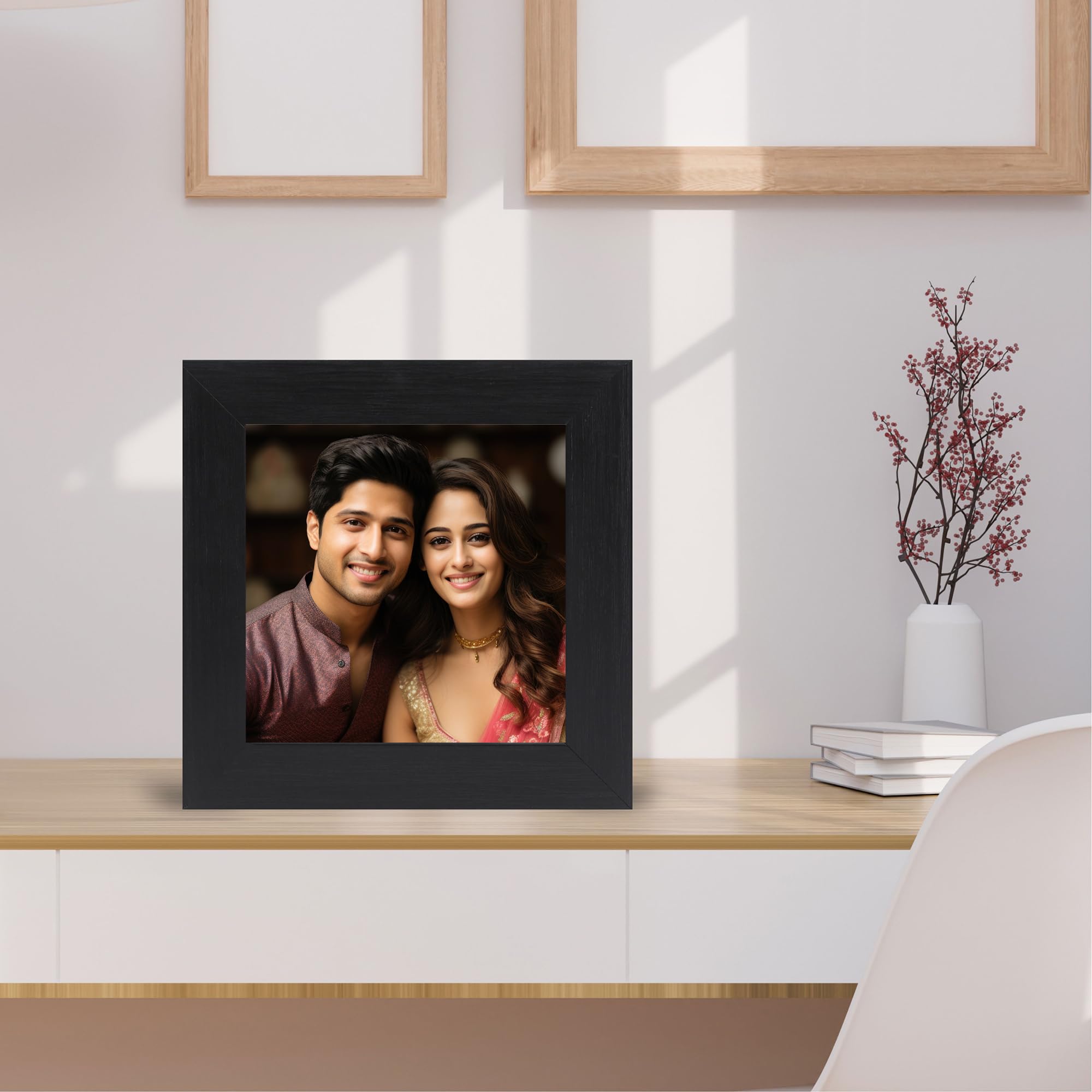 THE FINE FRAMER Customised Photo Frame with Photo Print, Tabletop Frame, Personalized Gift, Home and Office Décor - 5x5 Inch, 1 Inch Thick Self Standing Shadow Box Frame, Black, Square.