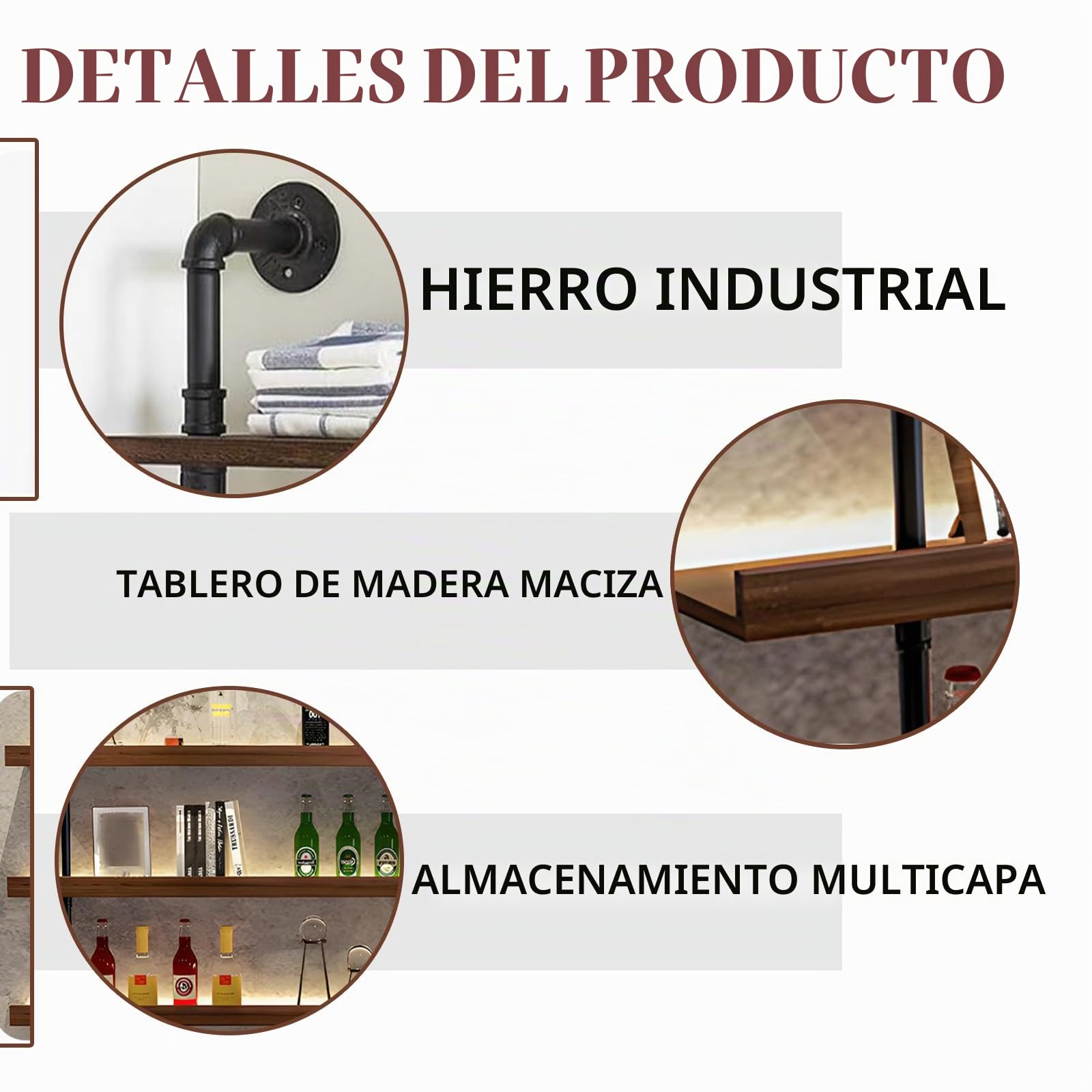 Botellero de Pared Industrial, 2 cm de Grosor Estantes demadera Maciza Botellero Vino Luz LED, Soporte Flotante para exhibición de Vino, para Cocina, Bar, Cafetería y decoración (180cm)