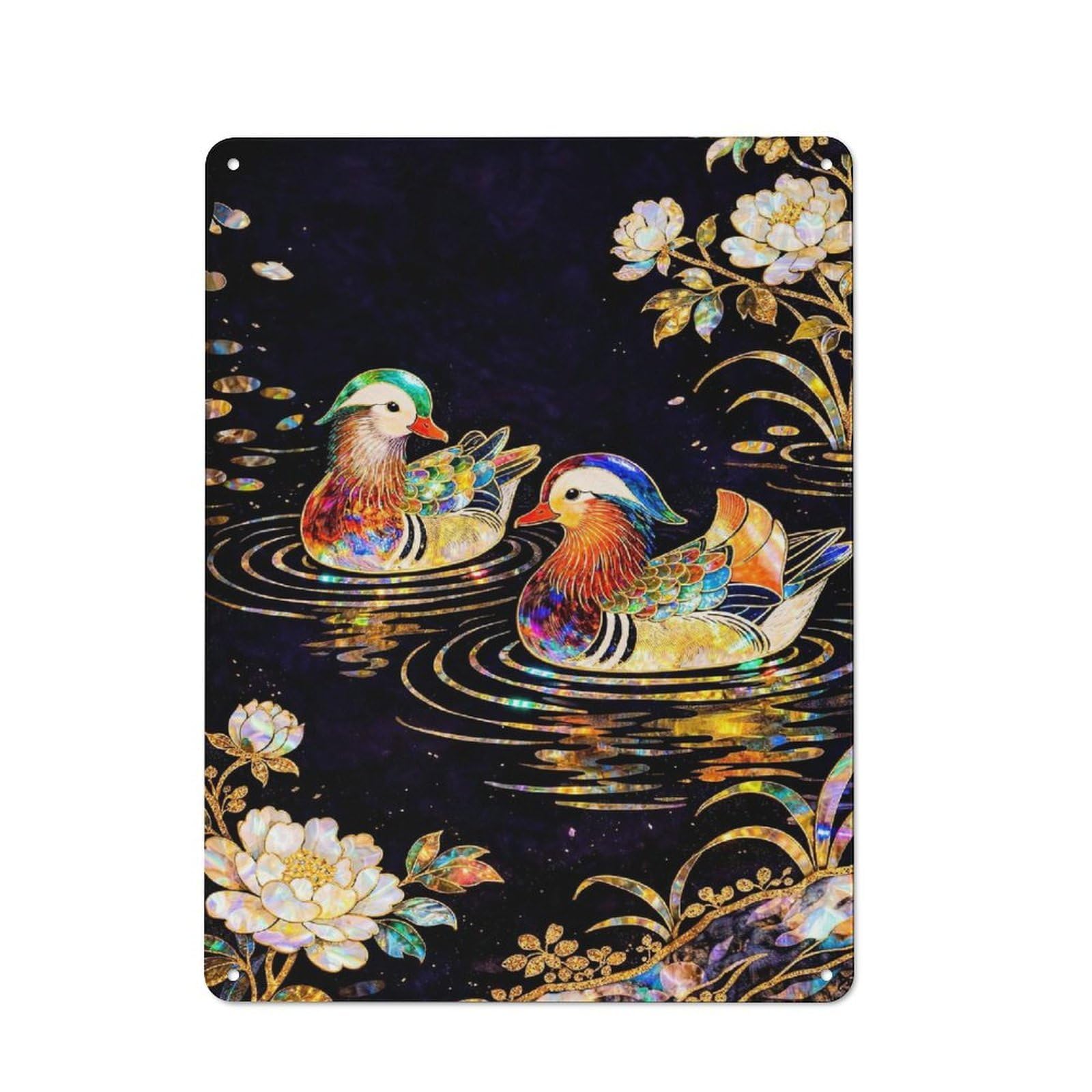 Junmoney Style-7 Classic Mandarin Ducks And Flowers Metal Wall Plaque 40X30cm, Nostalgic Wall Art For Living Room, Hallway, Kitchen Or Cafe