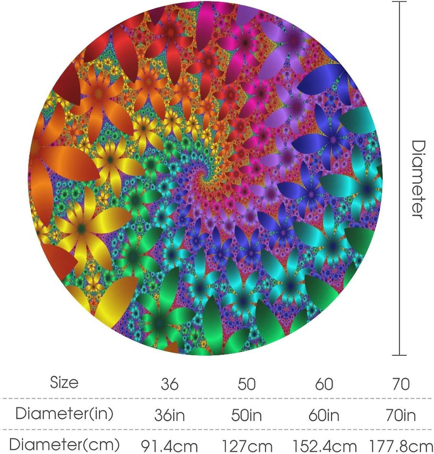 Tie Dye Round Tablecloth Rainbow Floral Spring Reusable Decoration Table Cover for Kitchen Party Bedroom Living Room Dinner Home Wedding, Round 70x70 Inch