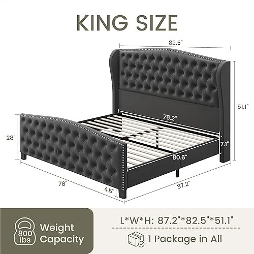 Miniatura 2 de LARMACE Base de cama tamaño King con plataforma tapizada de terciopelo con cabecera con respaldo de alas y pie de cama, base de cama capitoné con
