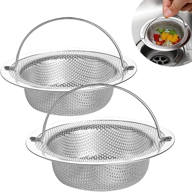 2 Pack Upgraded Stainless Steel Kitchen Sink Strainer, Diameter 11cm x Depth 3cm Kitchen Sink Drain Strainer with Lift-up Handle,Rust Free,Heavy Duty,Anti Clogging