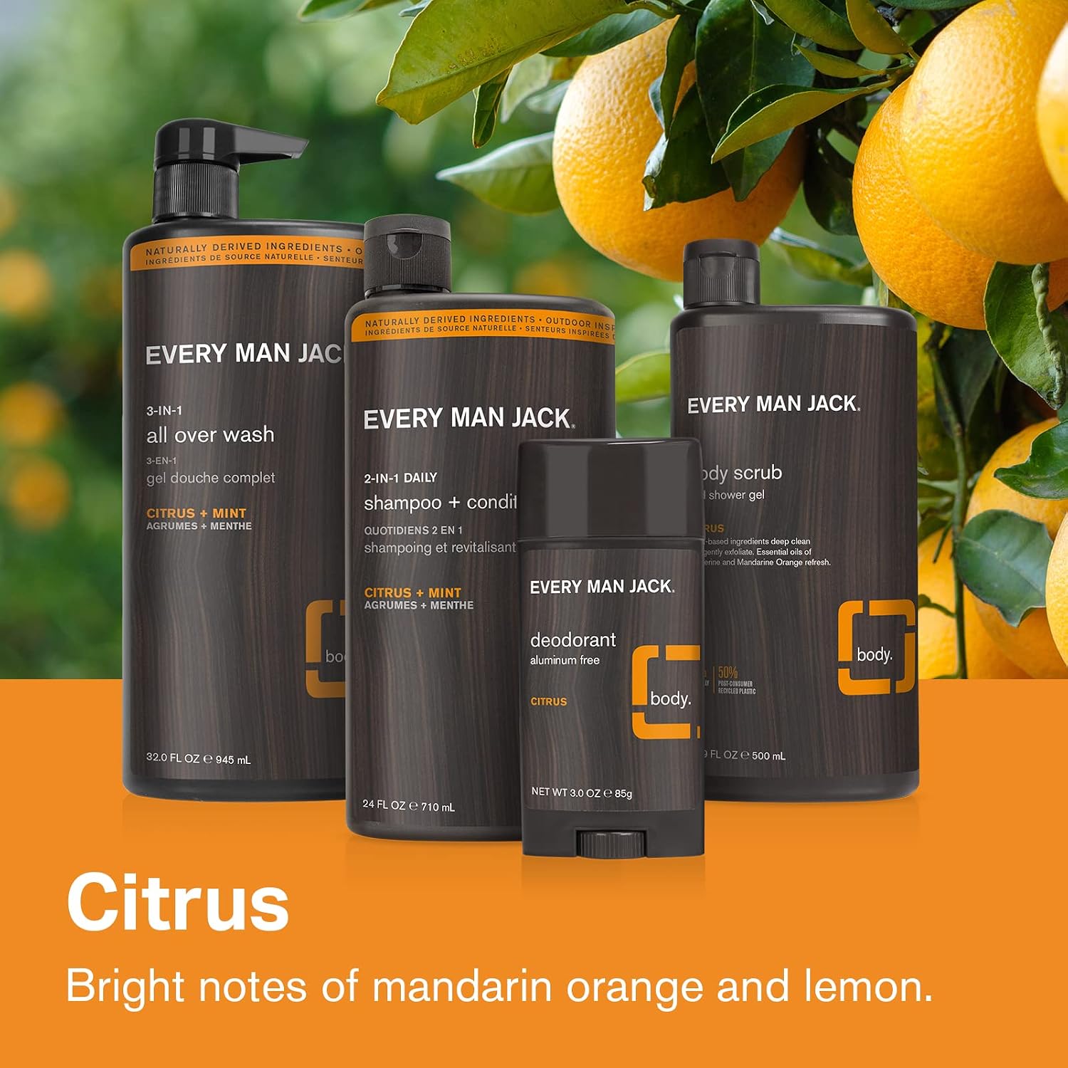 Every Man Jack 2 in 1 Daily Shampoo + Conditioner Twin Pack - Citrus | Naturally Derived, Parabens-free, Dye-free, Certified Cruelty Free, 50% PCR Bottles | 2 Pump Top Bottles