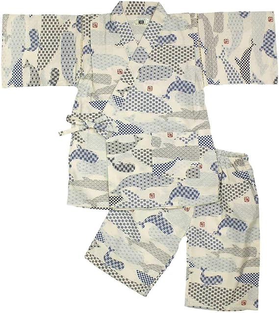 Amazon Co Jp 甚平 ジュニア 男の子 綿100 おしゃれ 可愛い 上下セット 日本製生地 祭り 花火 暑さ対策 ボーイズ 男児 和柄 くじら柄 井桁柄 160cm アイボリー ファッション