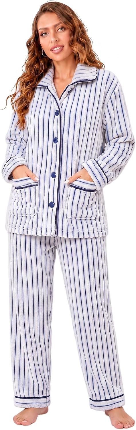 RONGTAI Ribbed Button Down Pajama Set | Long Sleeve Plush Fleece PJs