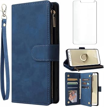 Asuwish Compatible with Alcatel 3V 2018 Wallet Case Tempered Glass Screen Protector and Leather Flip Cover Card Holder Stand Cell Accessories Phone Cases for Alcatel3V Acatel 3 V V3 18 Women Men Blue