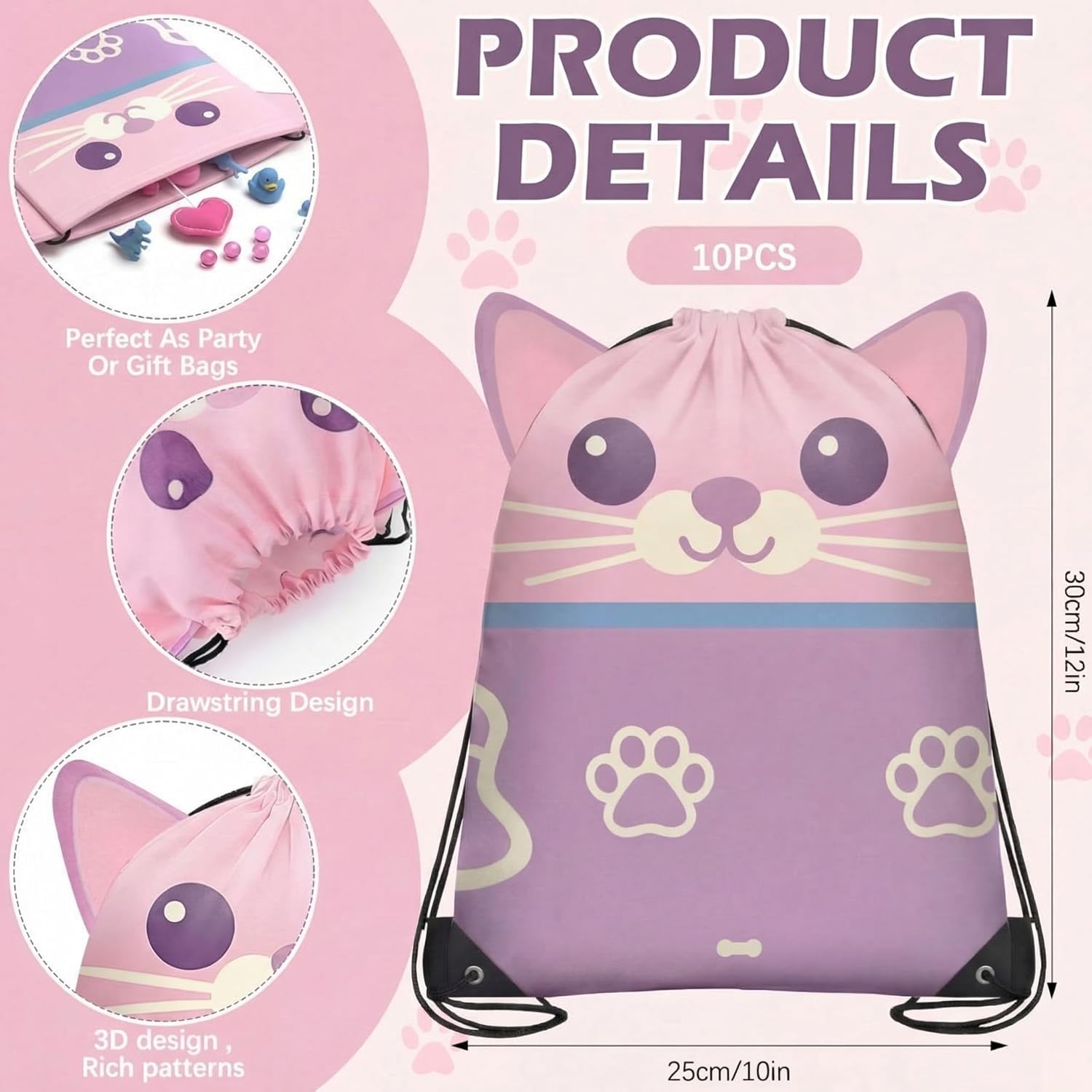 10 Pcs Cartoon Cat Doll House Themed Party Favor Packs, Cute Animation Cat Drawstring Backpack with Ear for Party Favors Candy Snack Gift Supplies for Kitten Themed Birthday Party Decoration