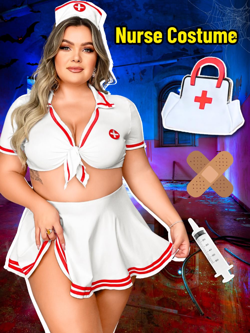 Kaei&Shi 4 Piece Plus Size Cosplay Outfit,Nurse Costume For Curvy Women,Halloween Outfits