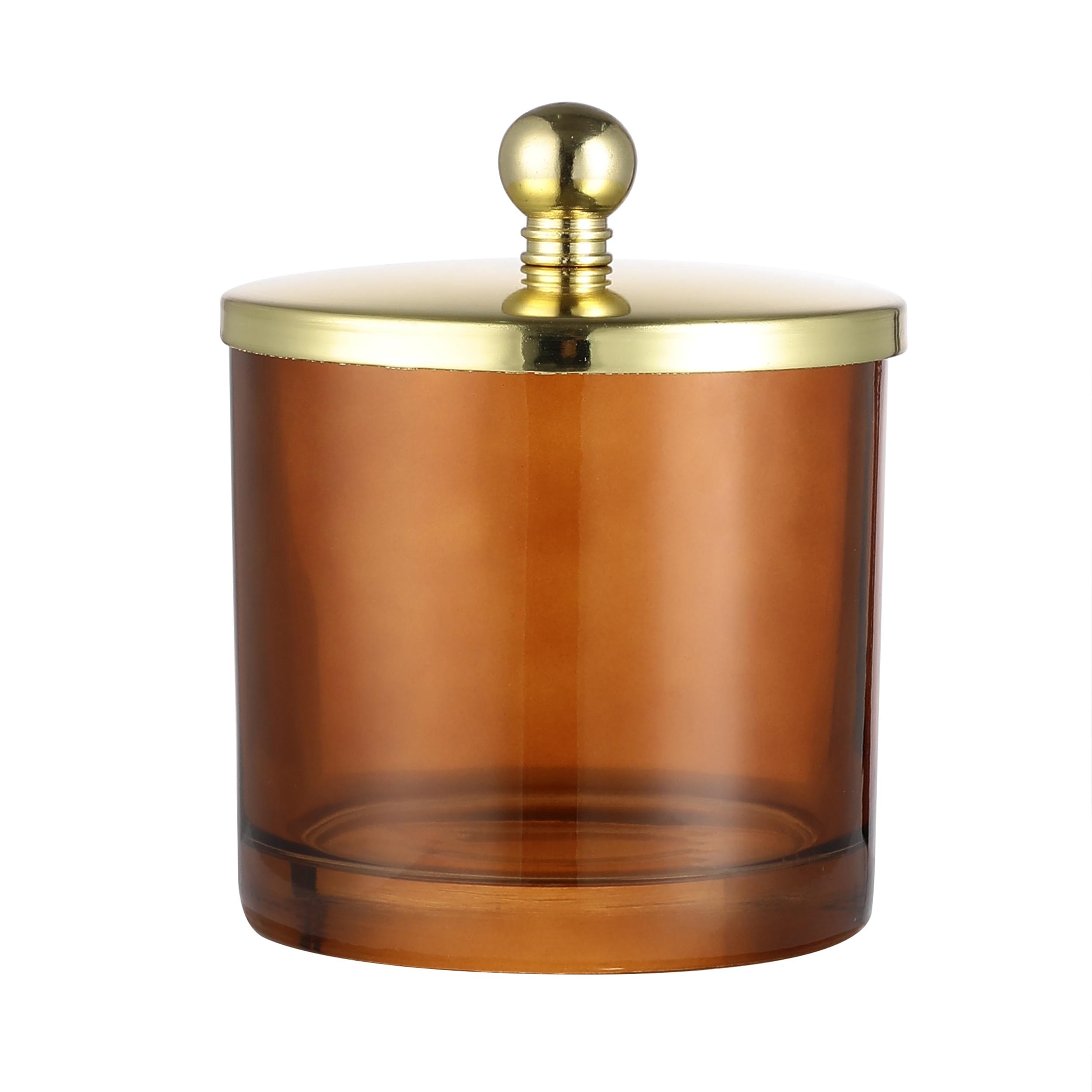 H Halston Amber Glass Qtip Storage Jar, Cotton Ball Storage for Bathroom, Vanity, Heavy Weight Glass, Metal Rustproof Lid, Round Cotton Swab Organizer for toiletries, Gold Lid Top