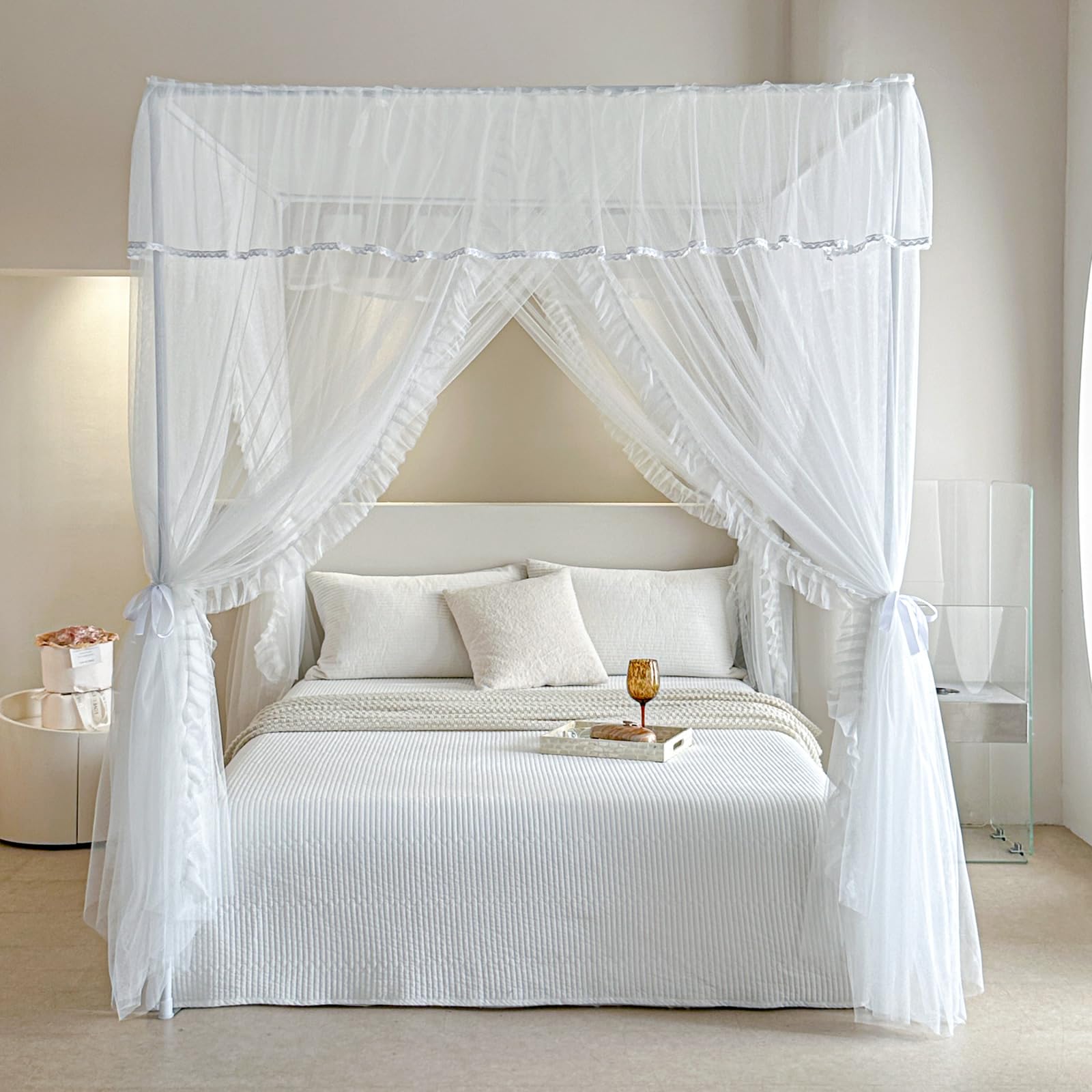 AIKASY Betthimmel-Vorhang mit 4 Ecken, doppelschichtig, gemütlich, Drapiernetz mit 4 Öffnungen, Elegantes Moskitonetz für Mädchen und Erwachsene, Schlafzimmer, Dekoration (Weiß, Queen)