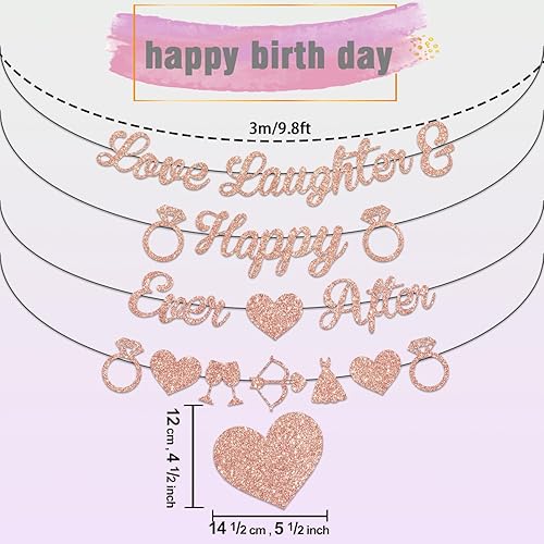 Miniatura 4 de Cartel de "Love Laughter & Happily Ever" con purpurina de oro rosa, incluye pancarta de despedida de soltera y guirnalda de decoración de despedida