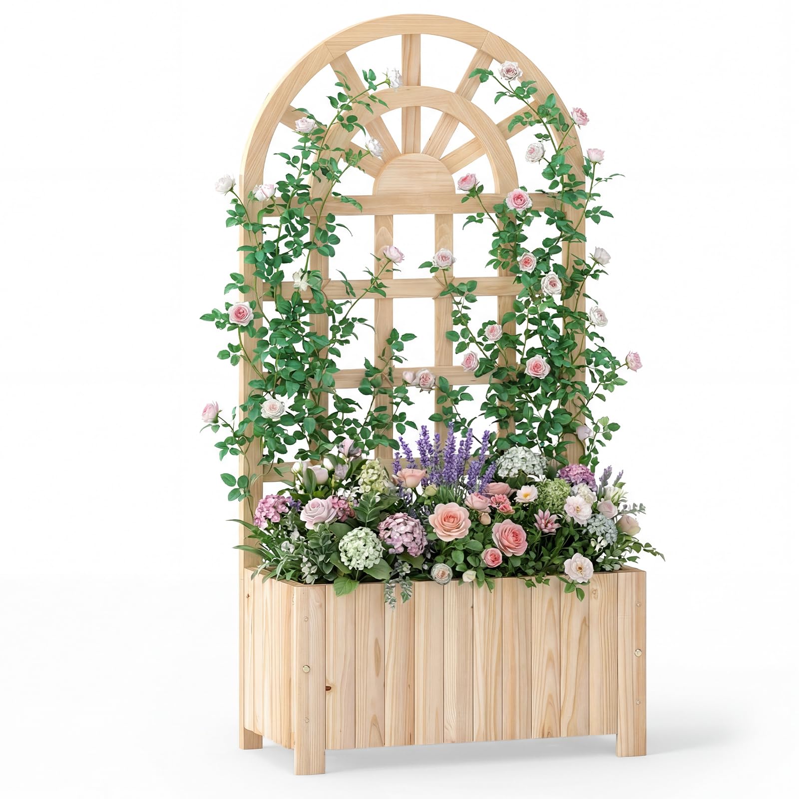 COSTWAY Jardinière en Bois avec Treillis, Lit de Jardin Surélevé avec Écran d'Intimité et Trous de Drainage, Bac à Fleurs d'Extérieur pour Plante Grimpante Fleurs Légumes, 61 x 30 x 121 cm (Naturel)