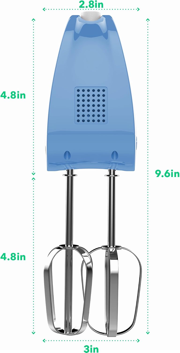 Vremi 3-Speed Compact Hand Mixer with Clever Built-In Beater Storage - 150 Watt Power Handheld Egg Beater with Stainless Steel Blades - Heavy Duty Mini Small Kitchen Mixing Machine - Blue and White