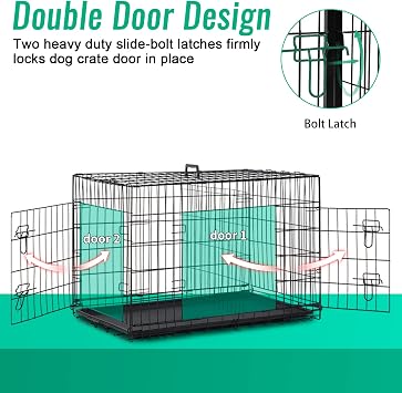 FDW Dog Crate for Large Dogs 42 Inch Folding Metal WirePet Cage Double Door W/Divider Panel Indoor Outdoor Kennel Leak-Proof Plastic Tray,Black | Heavy Duty, Portable Wire Kennel with Double Door, Divider & Leak-Proof Tray | For Training, Home, Travel Indoor/Outdoor Use