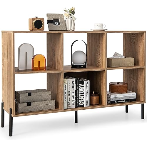 Giantex 6 Cube Bookcase, 3-Tier 47" Long Wood Bookshelf w/ 5 Metal Legs, Adjustable Shelf, Anti-toppling Device, 31.5" Tall Floor Open Shelf Bookcase, Freestanding Wooden Cube Storage Shelves