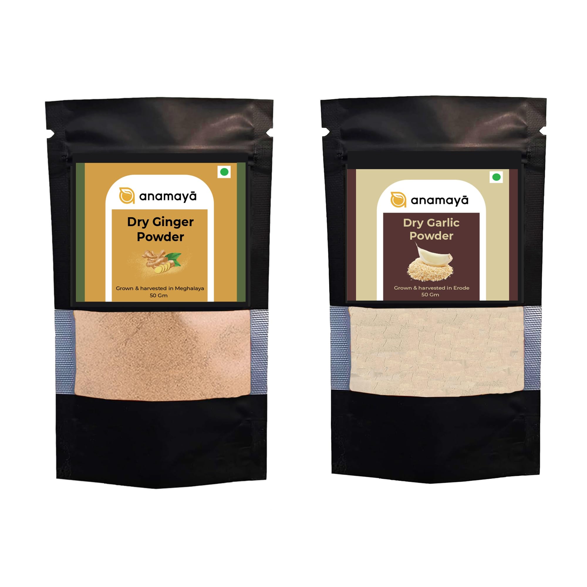 Ginger Powder and Garlic Powder from Anamaya | 100% pure and natural | 50 gms each, packed in a resealable pouch (Ginger + Garlic)