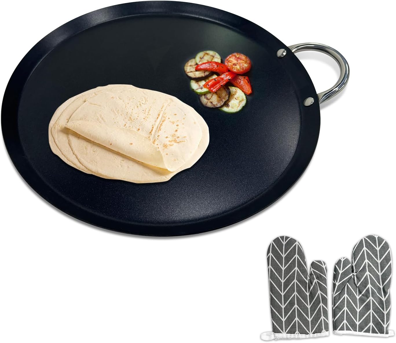 LetFeng 16” Round Comal Nonstick Round Burner Griddle Stainless Steels Griddle Pan Non-Stick Coated Ideal for BBQ & Serving Pancakes Oven Safe & Compatible With All Stovetops