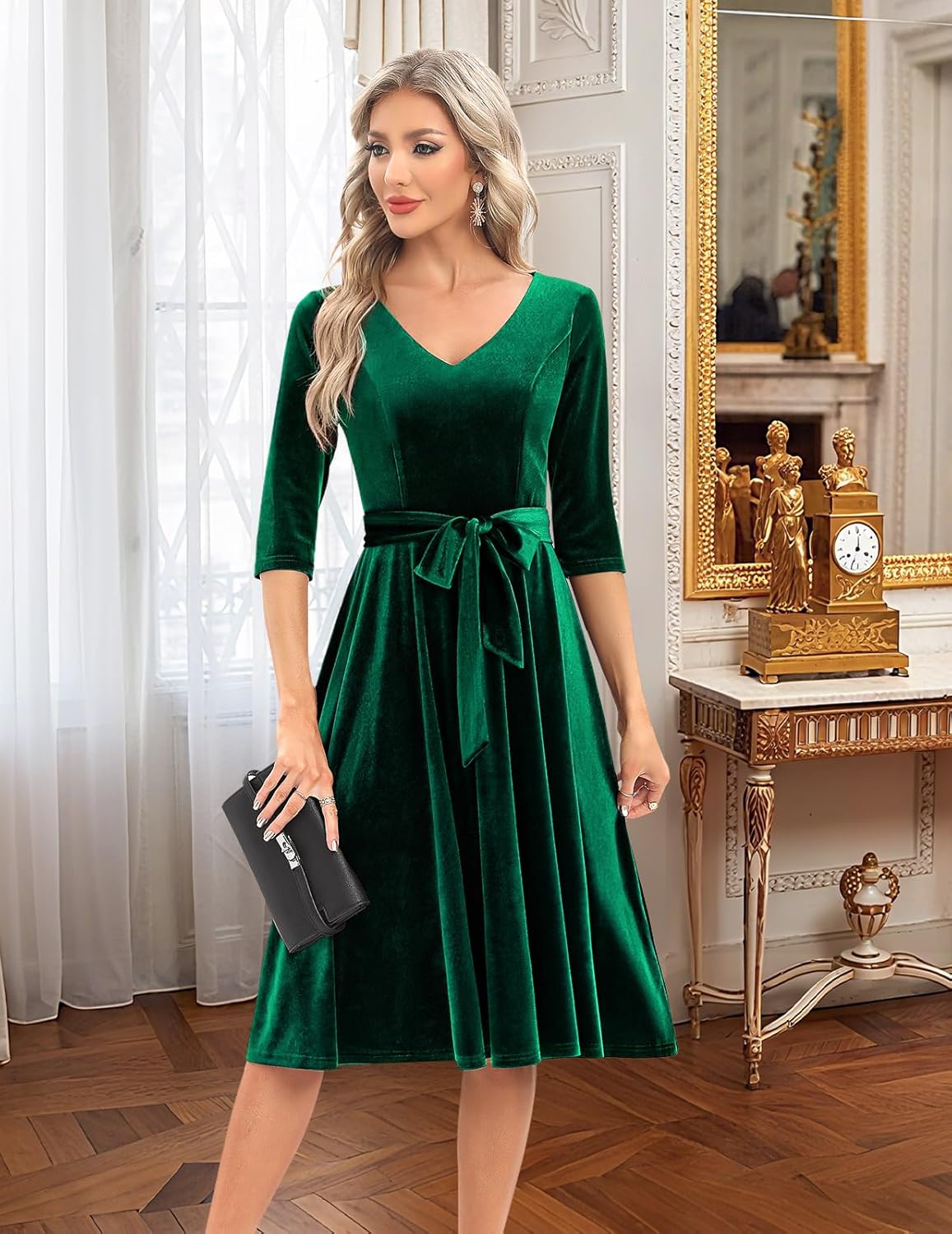 Bbonlinedress Women Long Sleeve Velvet Vintage Tea Dress Formal Cocktail Wedding Guest Midi Prom V-Neck Fit and Flare Dress - Image 2