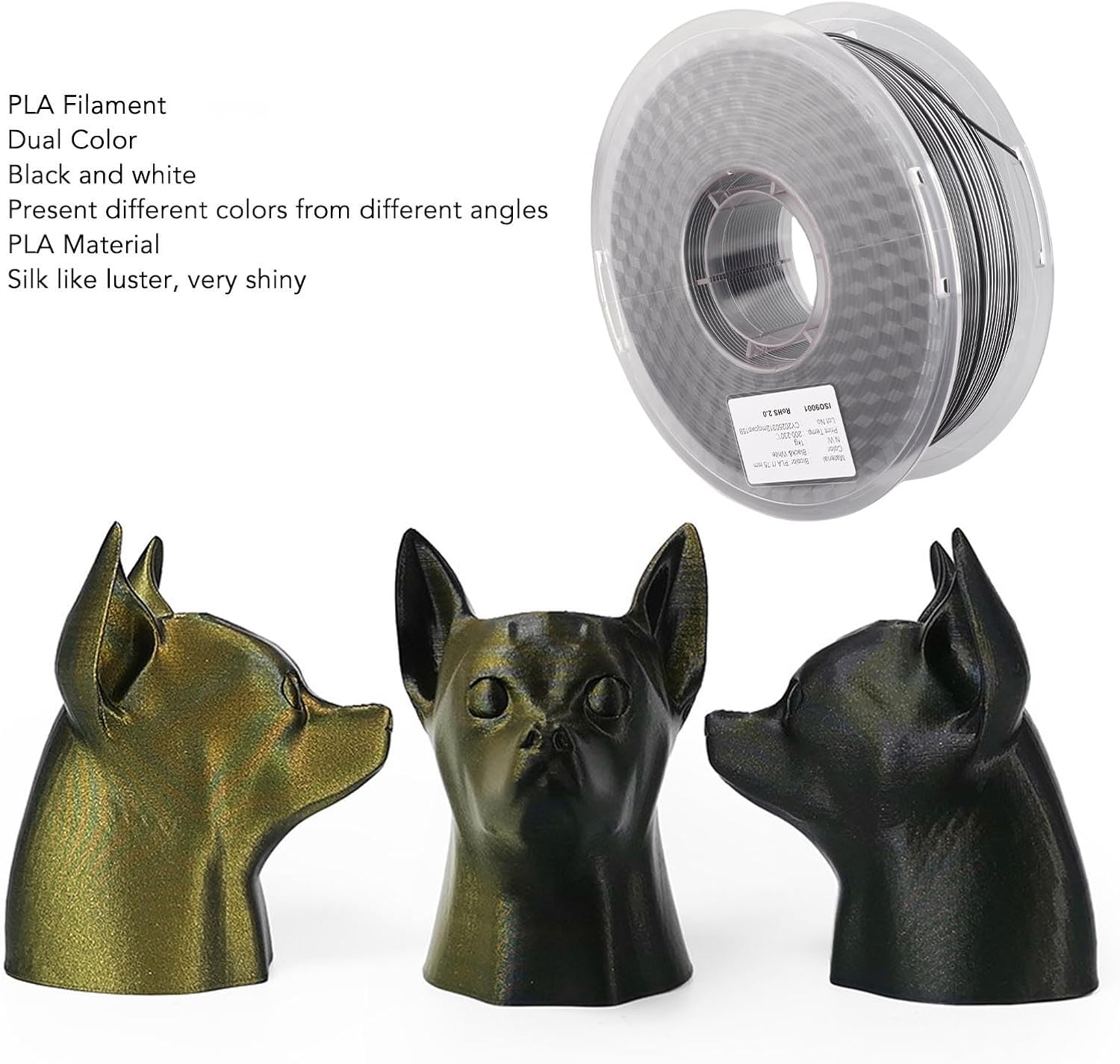 PLA Filament Double Color Black and White, 3D Printer Filament, Shiny Smoothly Printing with Minimal Warping, 2 Color Filament for Detail Resolution, 175mm. Diameter,