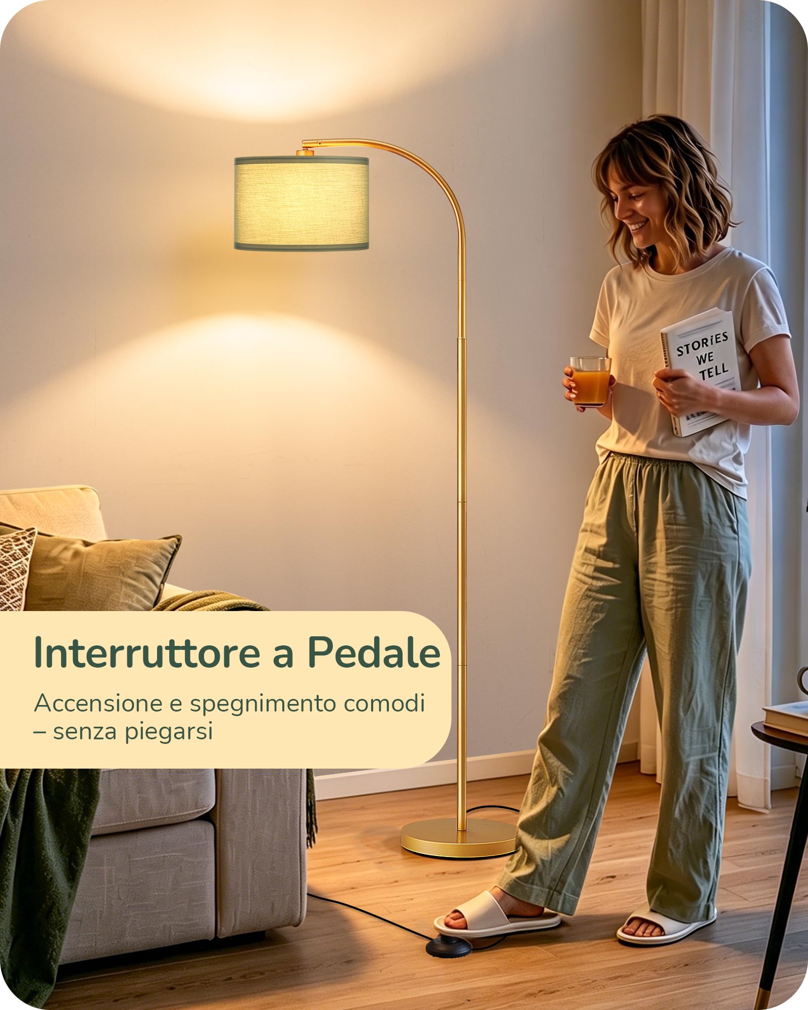EDISHINE Lampada da Terra Soggiorno, Testa Orientabile, Verde Salvia & Oro | Struttura in Metallo & Paralume in Tessuto, Attacco E27, Lampadina LED 2700K Bianco Caldo Inclusa, per Camera da Letto