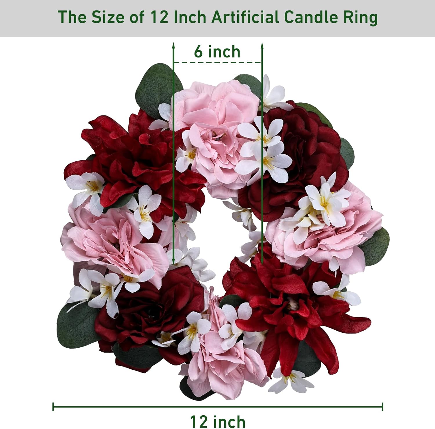 Artificial Flower Candle Rings - 6 Inch Inner Rose Floral Wreaths with Butterflies for Wedding Bridal Event Table Centerpieces Backdrop Decorations (Burgundy & Pink, 6 X Candle Rings)