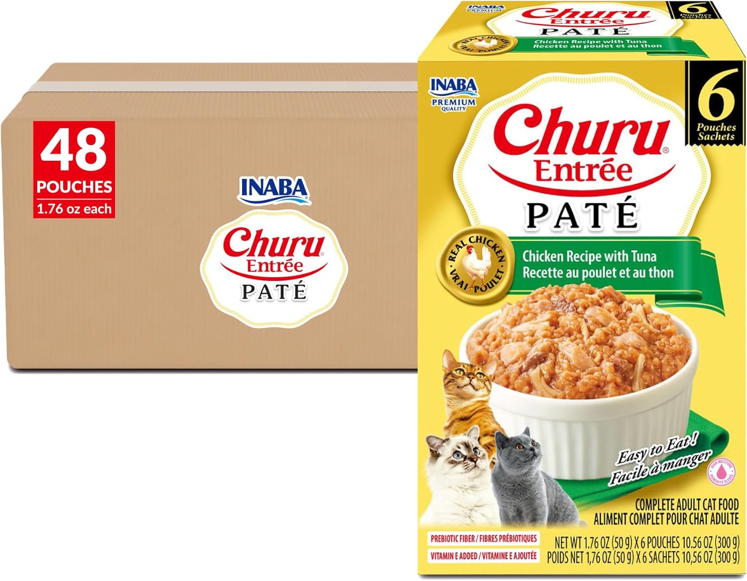 INABA Churu Entrée Pate for Senior Cats, High Protein & Moisture, Prebiotic Wet Cat Food, 1.76oz. per Serving, 48 Pouches, Chicken Recipe with Tuna