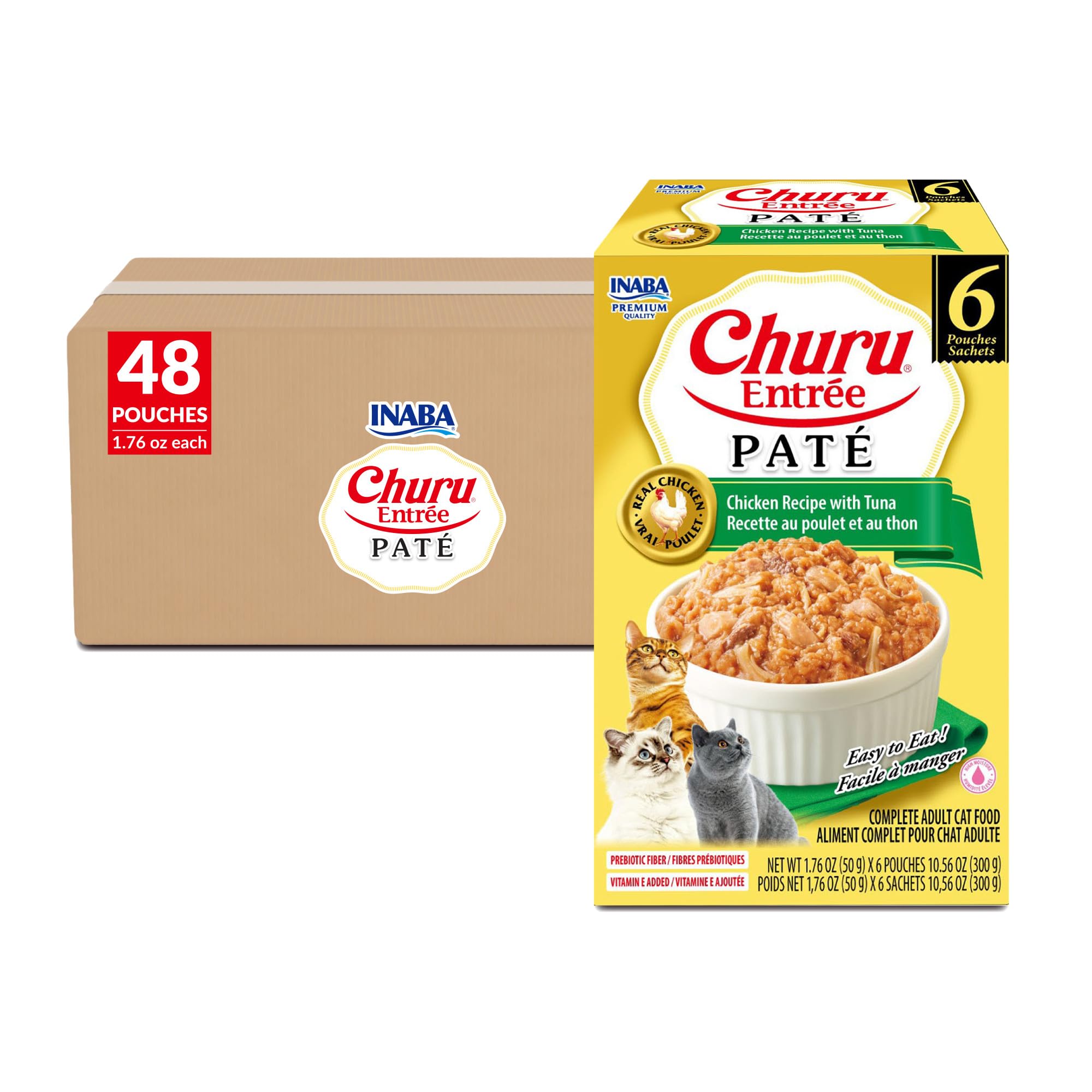 INABA Churu Entrée Pate for Cats, High Protein &amp; Moisture, Prebiotic Wet Cat Food, 1.76oz. per Serving, 48 Pouches, Chicken with Tuna Recipe