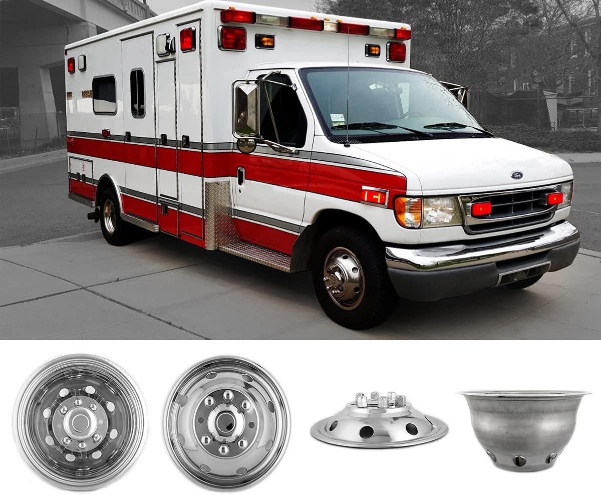 4pcs 16" Polished Stainless Steel Dually Wheel Simulator fit for 1974-1998 Ford F350;1992-2021 E350/E450;1974-1999 Dodge Ram 3500,8 Lug Hubcaps 8 Hand Hole Bolt On Wheel Cover