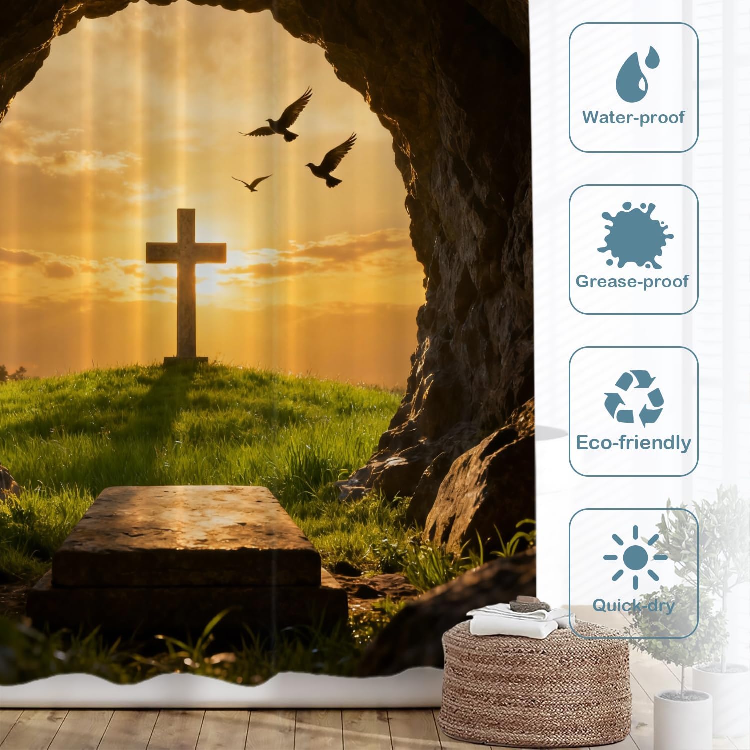 Batmerry Stone Sunrise Christian Decorative Shower Curtain, Devotional is Risen Christian Easter Shower Curtain Cute Long Wide Shower Curtain for Bathroom Farmhouse Bathtub Waterproof Washable