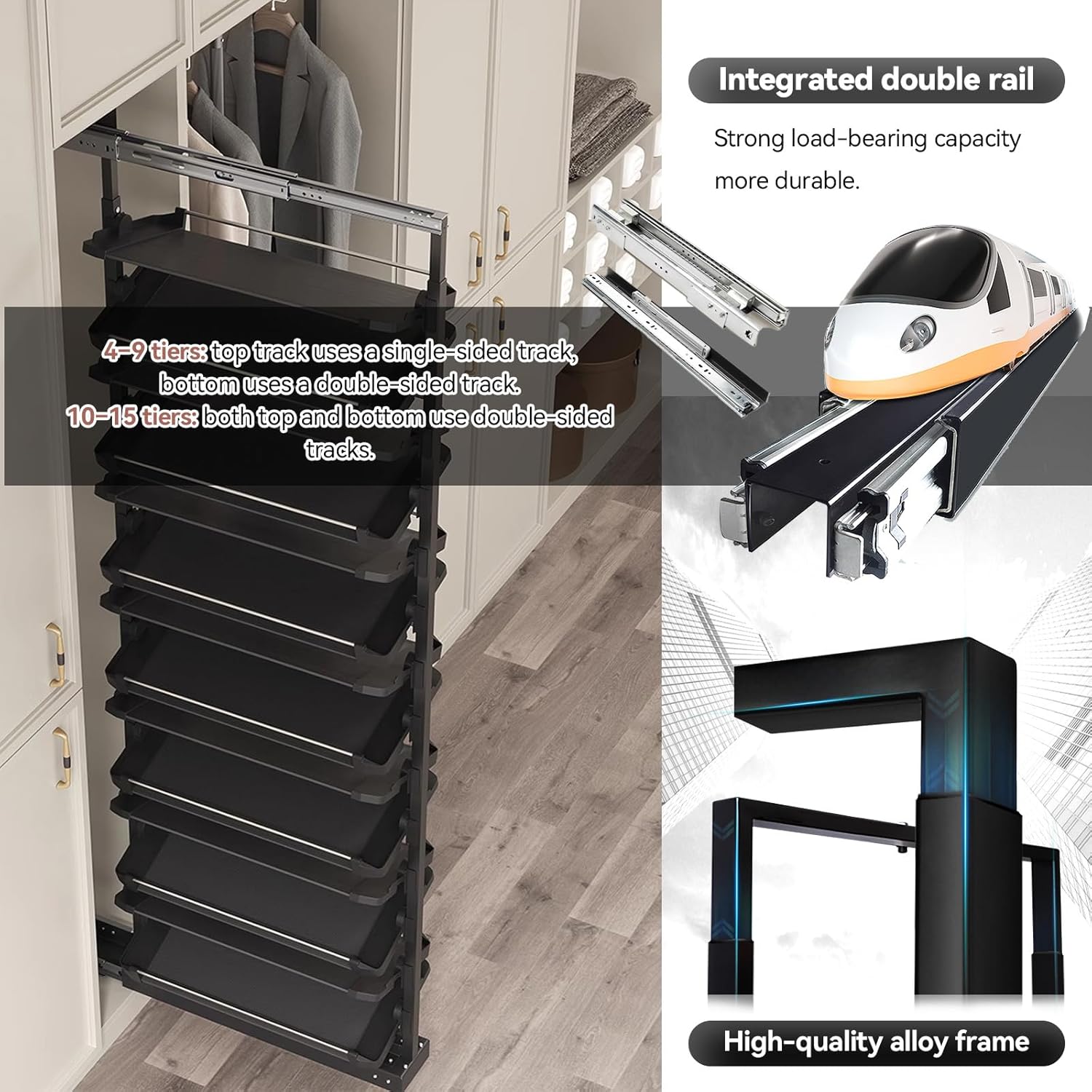 4-15 Tier Cabinet Pull Out Shoe Rack, Adjustable Vertical Shoe Organizer for Closet and Wardrobe Cabinet, Heavy Duty Slide Out Shoe Storage System, Under Stairs Storage, Fits Depth 17.7"-34.3"